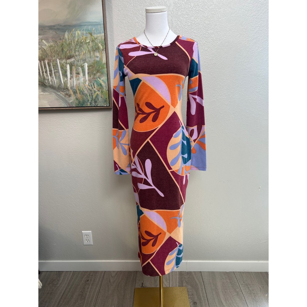 retro abstract print midi dress long sleeve fitted y2k‎